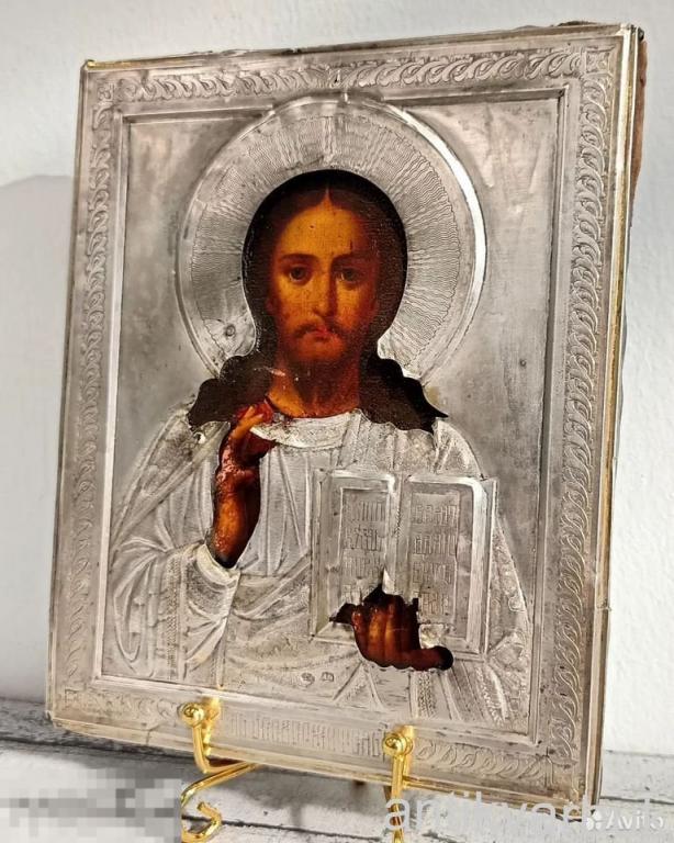 Икона Старинная Спас 84 проба Серебро