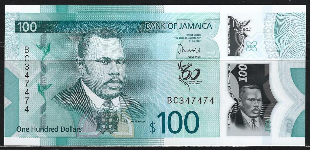 Ямайка. 100 долларов 2022 г. 60 лет Независимости. Полимер. UNC. Пресс. В1-2481