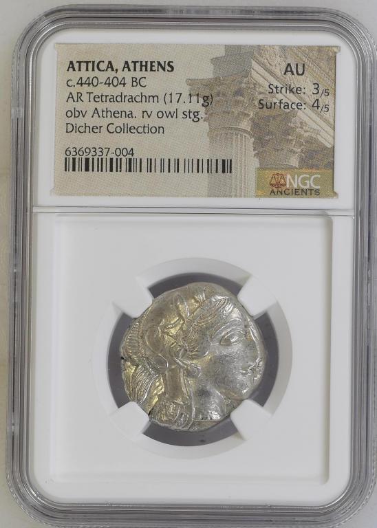 тетрадрахма Аттика Афины 440 - 404 гг. до н.э. ngc AU Dicher Collection