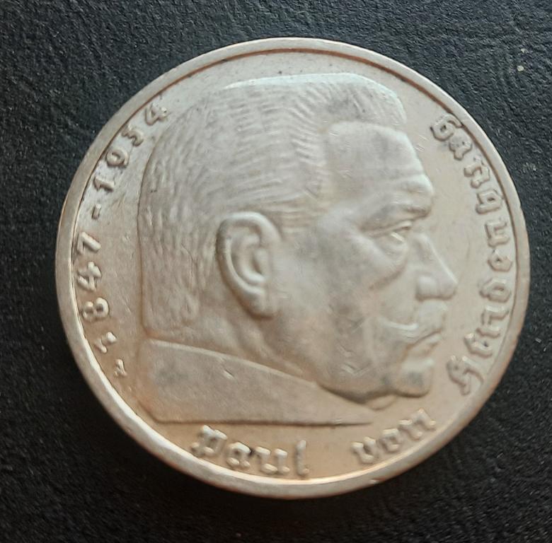 5 МАРОК А 1936 Г. ГЕРМАНИЯ. РЕЙХ. ГИНДЕНБУРГ. СЕРЕБРО.