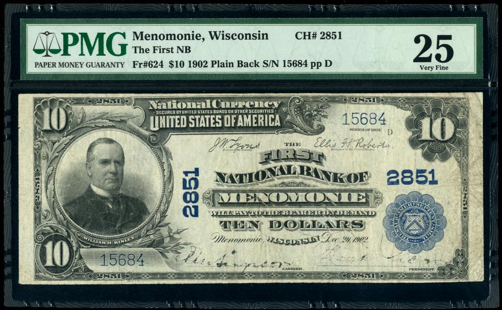 США. Первый национальный банк Меномони, Висконсин. 10 долларов 1902 г.