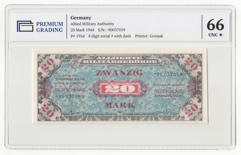 ГЕРМАНИЯ 20 марок 1944 P195d UNC PG 66+ (8-значный номер без «F»)