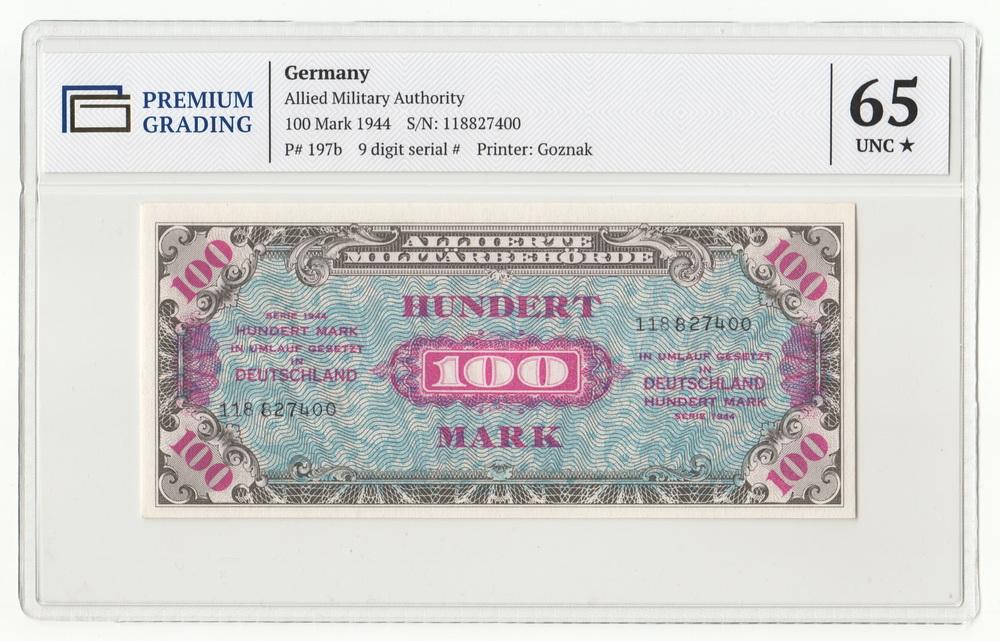 ГЕРМАНИЯ 100 марок 1944 P197b UNC PG 65+ (9-значный номер без «F»)