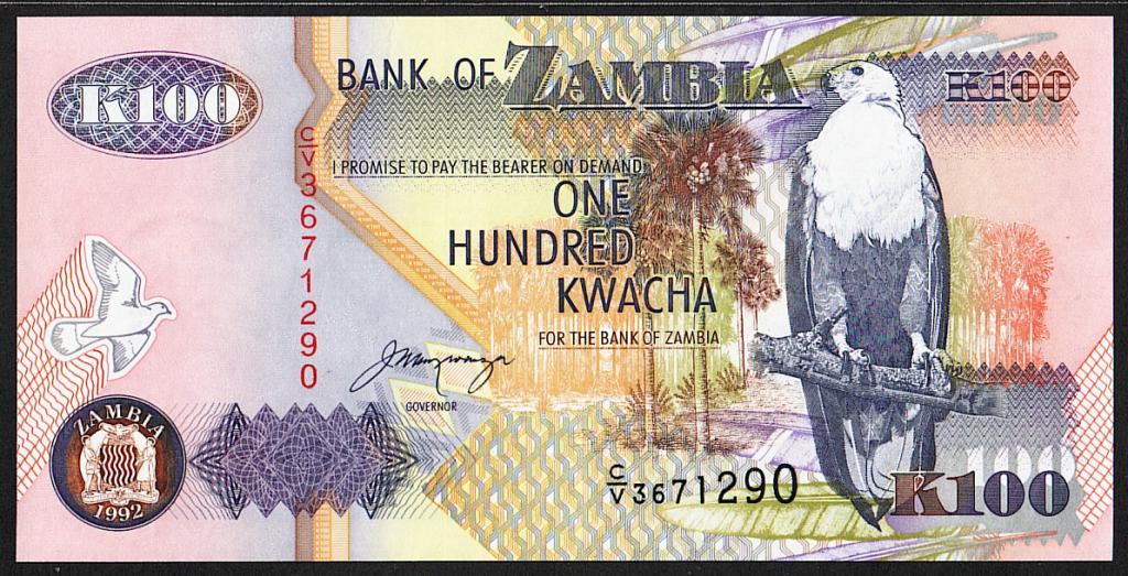 Замбия. 100 квача. 1992 г. UNC. ПРЕСС. В1-4459