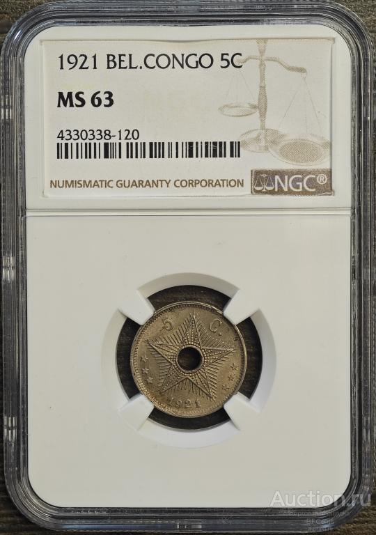БЕЛЬГИЙСКОЕ КОНГО 5 САНТИМОВ 1921 * NGC MS63