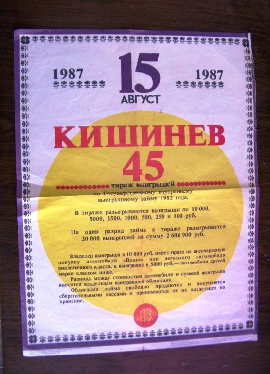 Плакат / 45 тираж выигрышей по Государственному внутреннему займу 1982 года / Кишинёв 1987 год