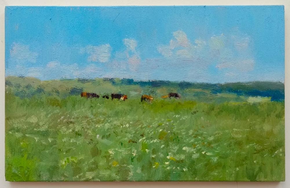 картина Коровки на лугу, оргалит, масло, авторская