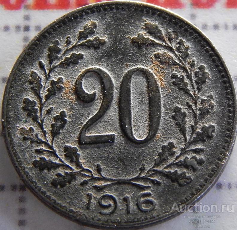 Coins Home 1916 Карл 1 АВСТРИЯ 20 геллеров КМ#2826 VF Лот#HU27