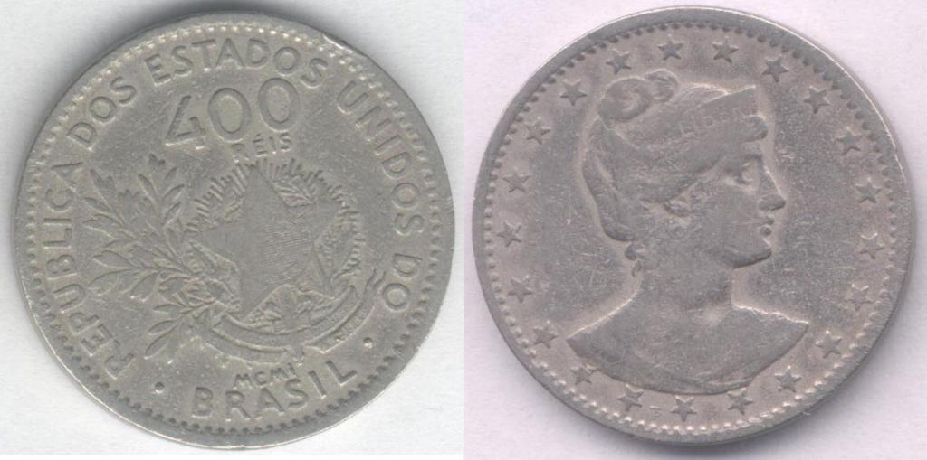 Монета Бразилия 400 рейсов 1901 г. F