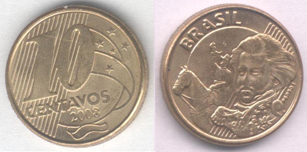 Монета Бразилия 10 сентаво 2008 г. XF+