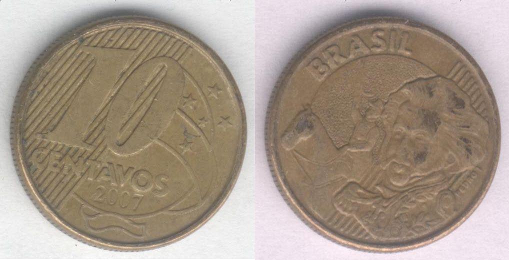 Монета Бразилия 10 сентаво 2007 г. VF