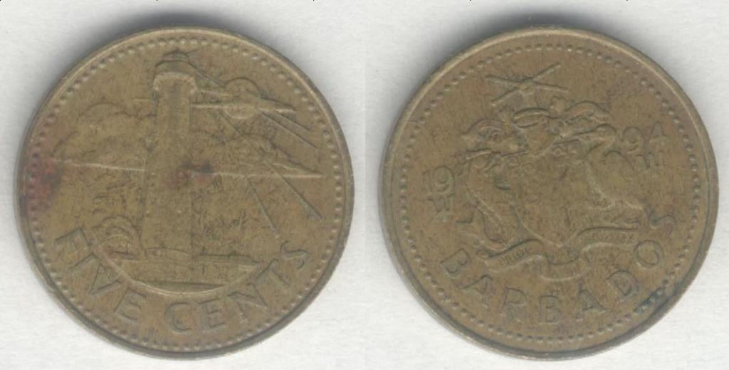 Монета Барбадос 5 центов 1994 г. VF