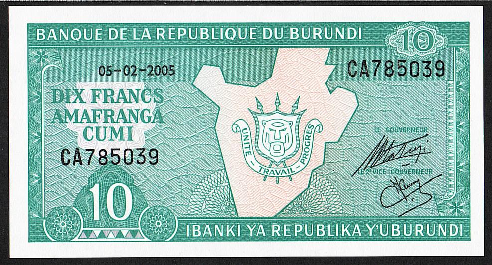Бурунди. 10 франков. 2005г. UNC. ПРЕСС. В1-4504