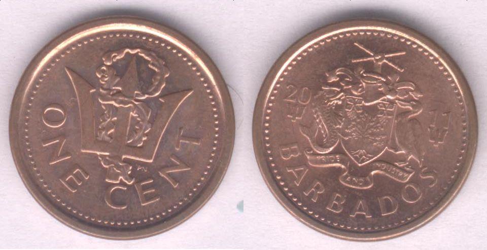 Монета Барбадос 1 цент 2011 г. XF+