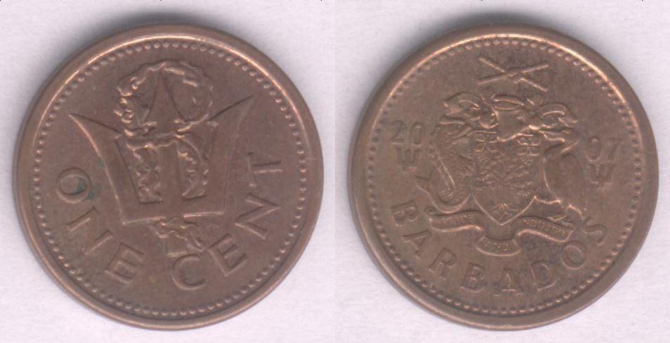 Монета Барбадос 1 цент 2007 г. XF