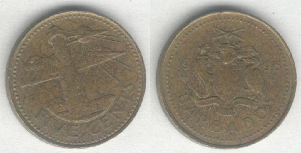 Монета Барбадос 5 центов 1996 г. VF