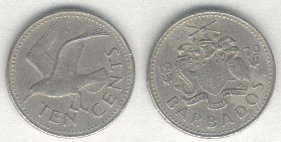 Монета Барбадос 10 центов 1979 г. VF