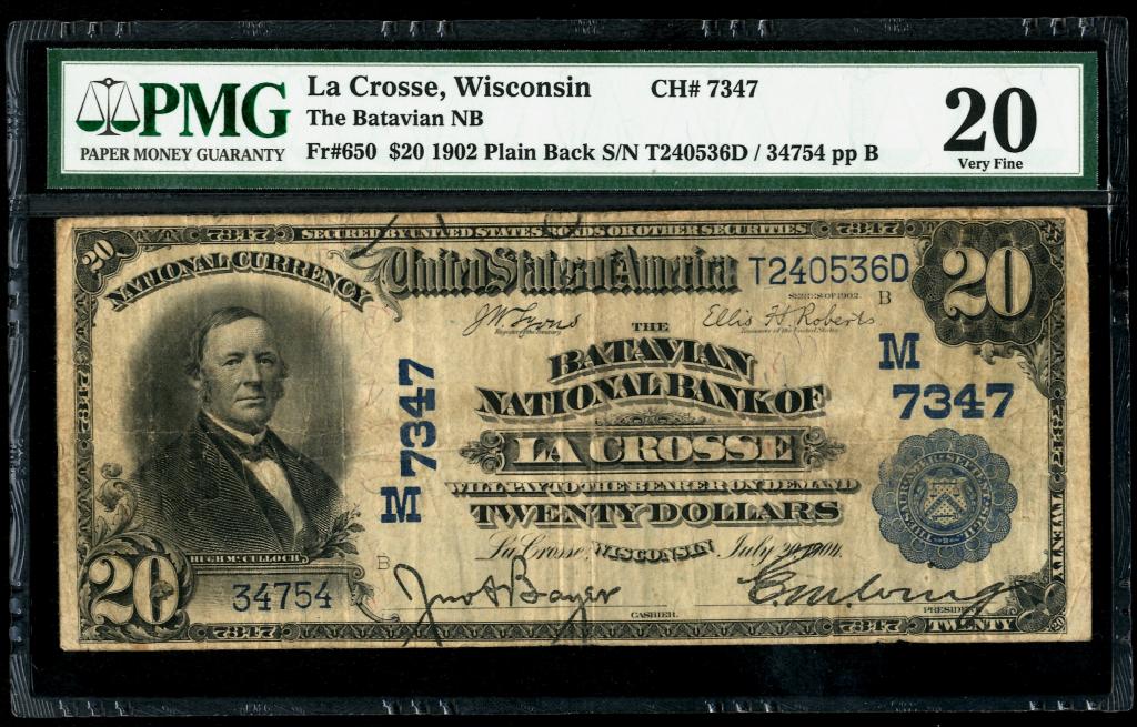 США. Национальный банк Батавии в Ла-Кроссе, Висконсин. 20 доллара 1902 г.