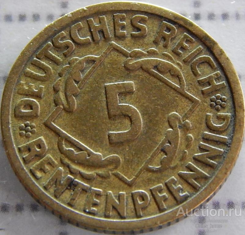 Coins Home ВЕЙМАРСКАЯ ГЕРМАНИЯ 1924A 5 рентенпфеннигов КМ#32 VF-/VF Лот#NL8