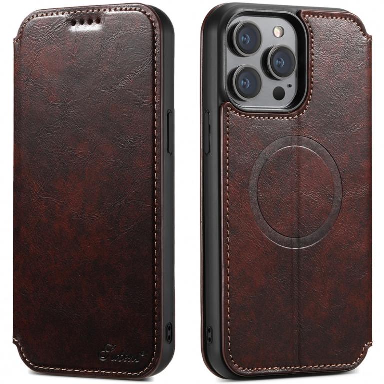Кожаный чехол-книжка с Magsafe для iPhone 13 Pro Max, Suteni (Brown)