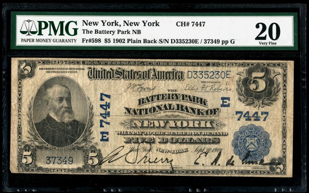 США. Национальный банк Бэттери-парк в Нью-Йорке. 5 долларов 1902 г.