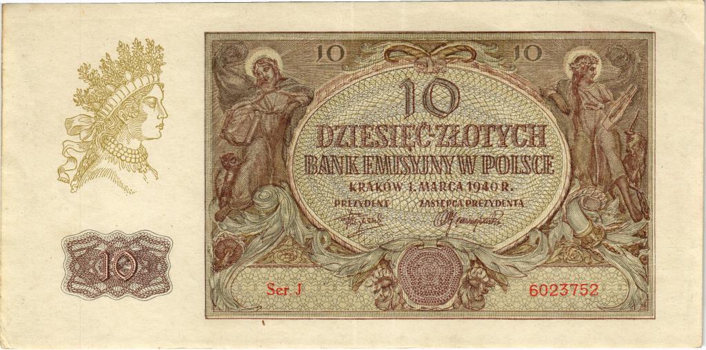10 злотых 1940 Польша Ser. J