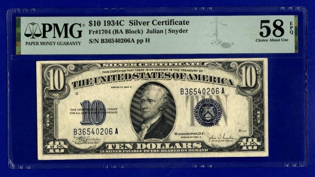 США 10 долларов 1934гC  Silver Certificate . B 36540206 A  слаб PMG 58 EPQ