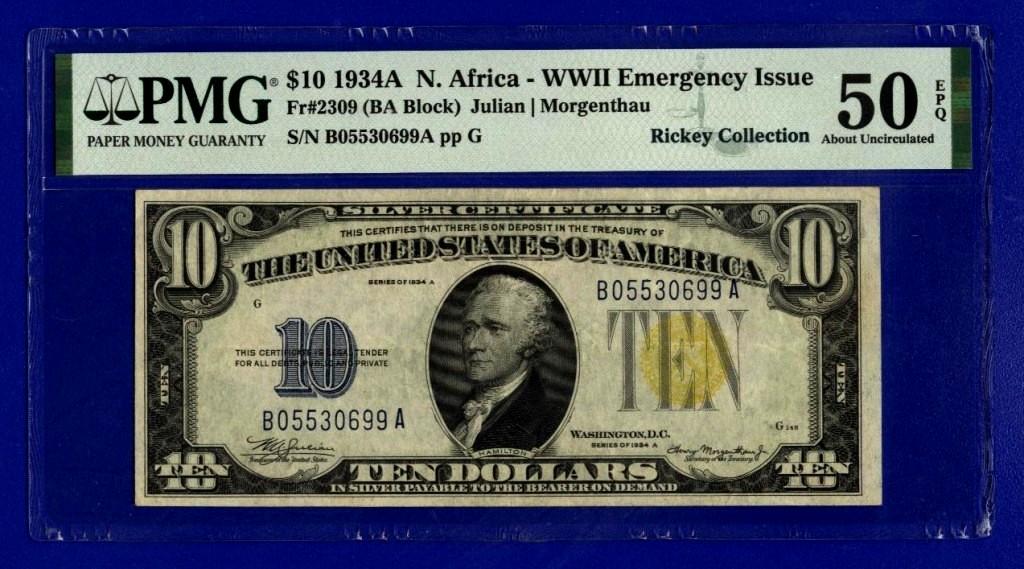 США 10 долларов 1934гA  N.Africa  .. B 05530699 A  слаб PMG 50 EPQ