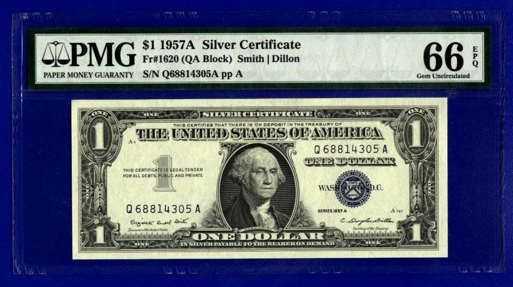 США 1 доллар 1957гА  Silver Certificate .. Q 68814305 A  слаб PMG 66 EPQ