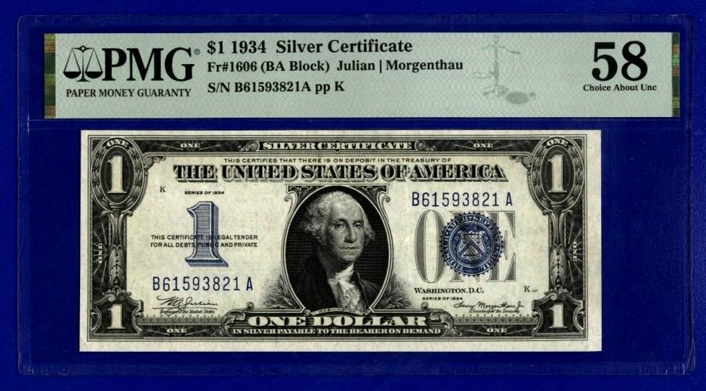 США 1 доллар 1934г Silver Certificate .. B 61593821 А  слаб PMG 58