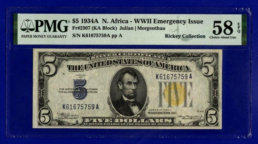 США 5 долларов 1934гA  N.Africa  .. K 61675759 A  слаб PMG 58 EPQ