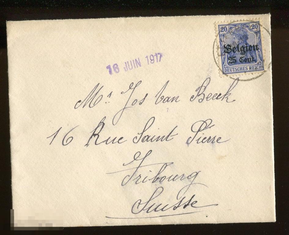 ПМВ, 1917 конверт оккупация Бельгии, надпечатка, Брюссель-Фрибур