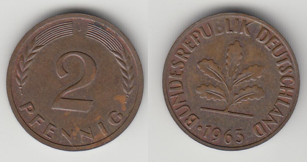 Германия ФРГ 2 пфеннига 1963 J бронза М