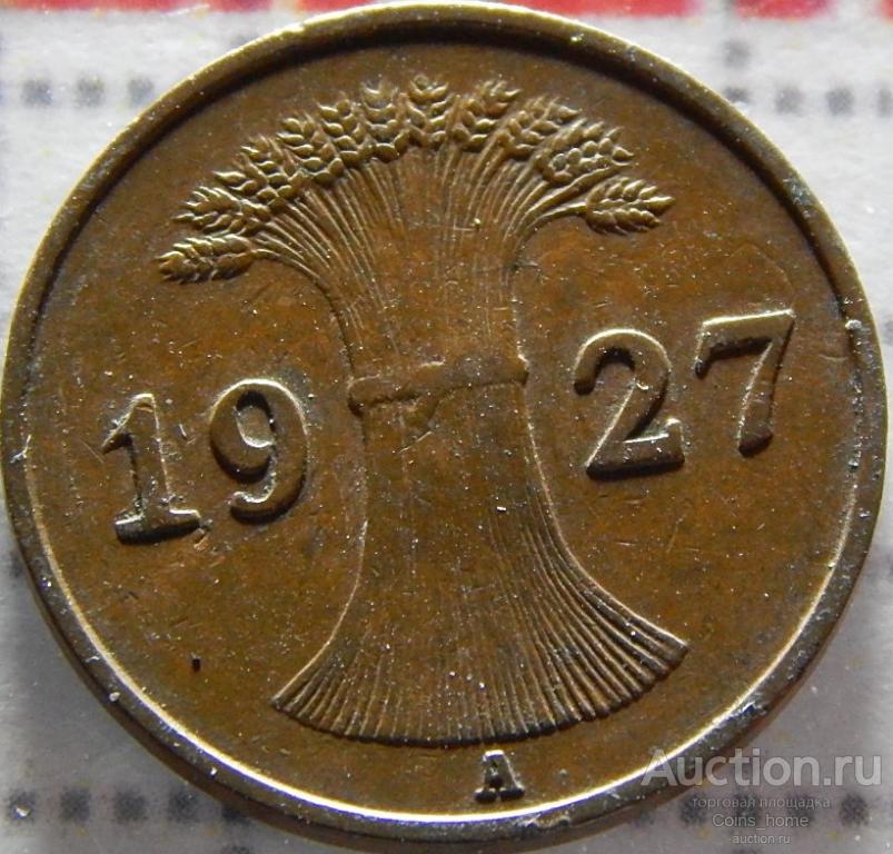 Coins Home ВЕЙМАРСКАЯ ГЕРМАНИЯ 1927A 1 рейхспфенниг КМ#37 VF/VF+ Лот#NL57
