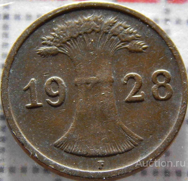 Coins Home ВЕЙМАРСКАЯ ГЕРМАНИЯ 1928F 1 рейхспфенниг КМ#37 VF-/VF Лот#NL58