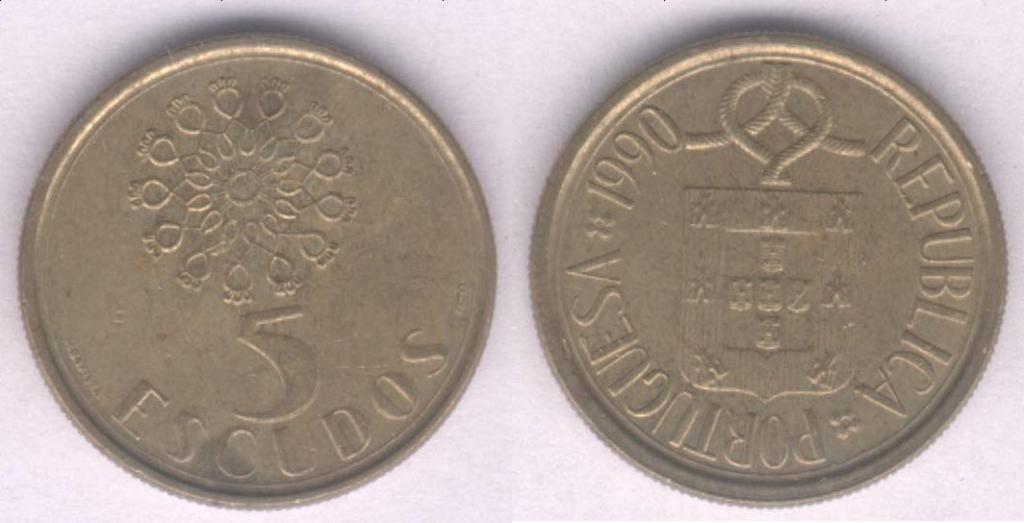 Монета Португалия 5 эскудо 1990 г. XF (2)