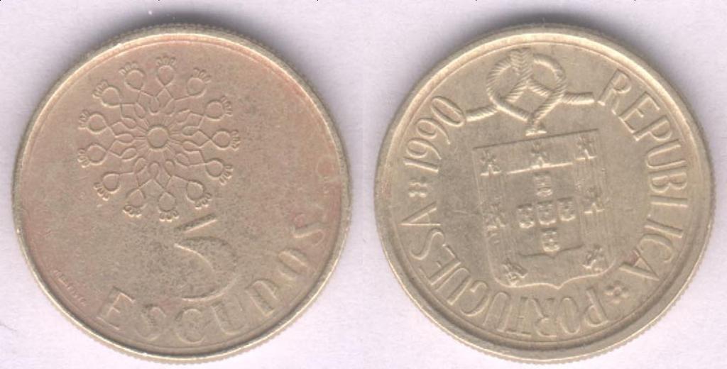 Монета Португалия 5 эскудо 1990 г. F+ (1)