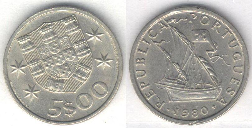 Монета Португалия 5 эскудо 1980 г. XF
