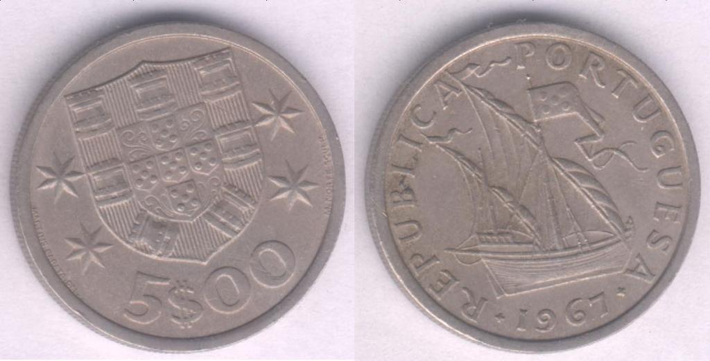 Монета Португалия 5 эскудо 1967 г. VF+