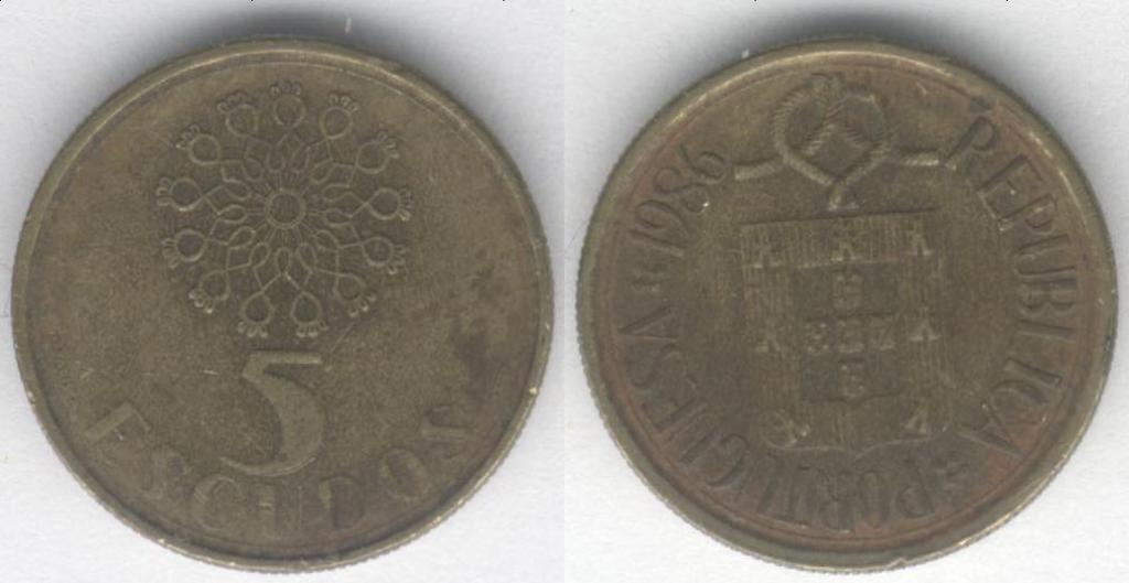 Монета Португалия 5 эскудо 1986 г. VF