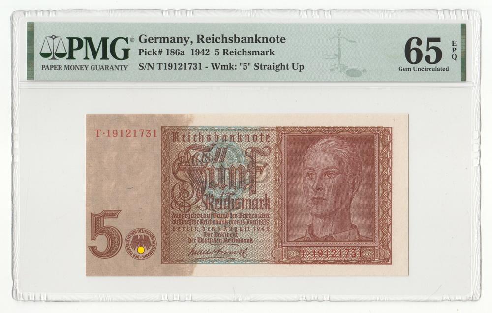 ГЕРМАНИЯ 5 марок 1942 P186a UNC PMG 65 EPQ (8-значный номер)
