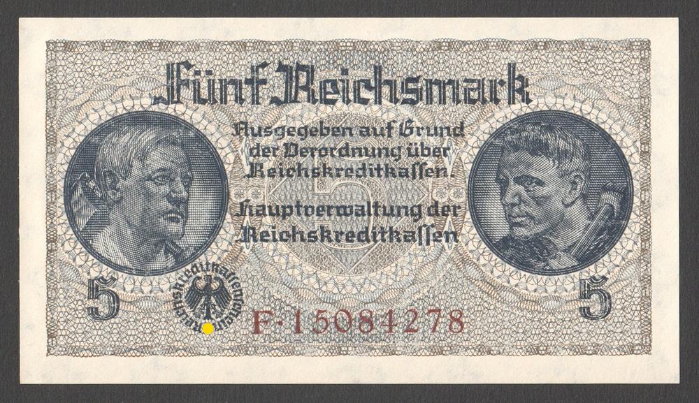 ГЕРМАНИЯ 5 марок ND(1940-45) P.R138b UNC (8-значный номер)