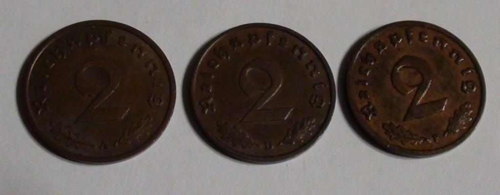 2 пфеннига 1936 A, D. F Германия 3-рейх (3 шт. одним лотом)