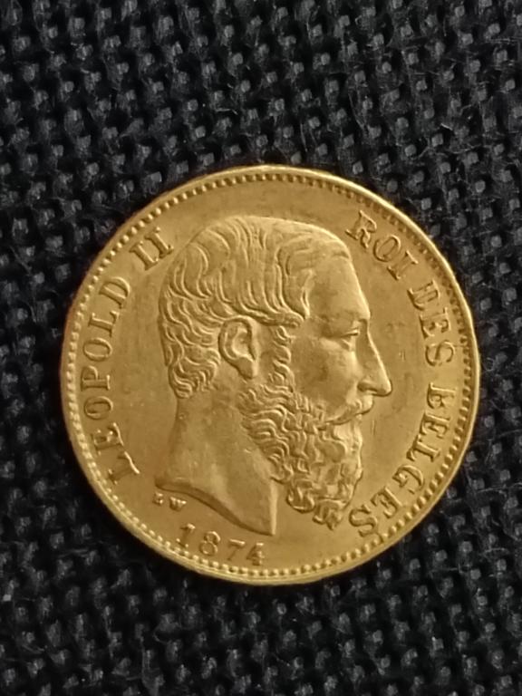 Золото 20 франков 1874 год Бельгия Леопольд II
