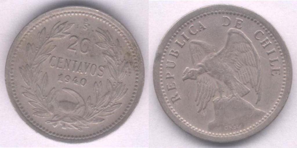 Монета Чили 20 сентаво 1940 г. VF