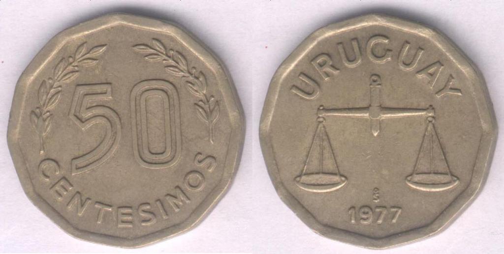 Монета Уругвай 50 сентесимо 1977 г. VF+