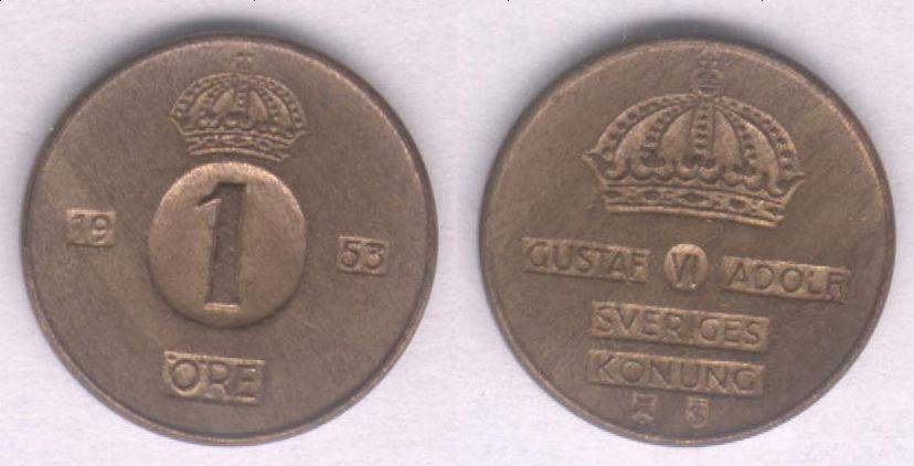 Монета Швеция 1 эре 1953 г. VF+