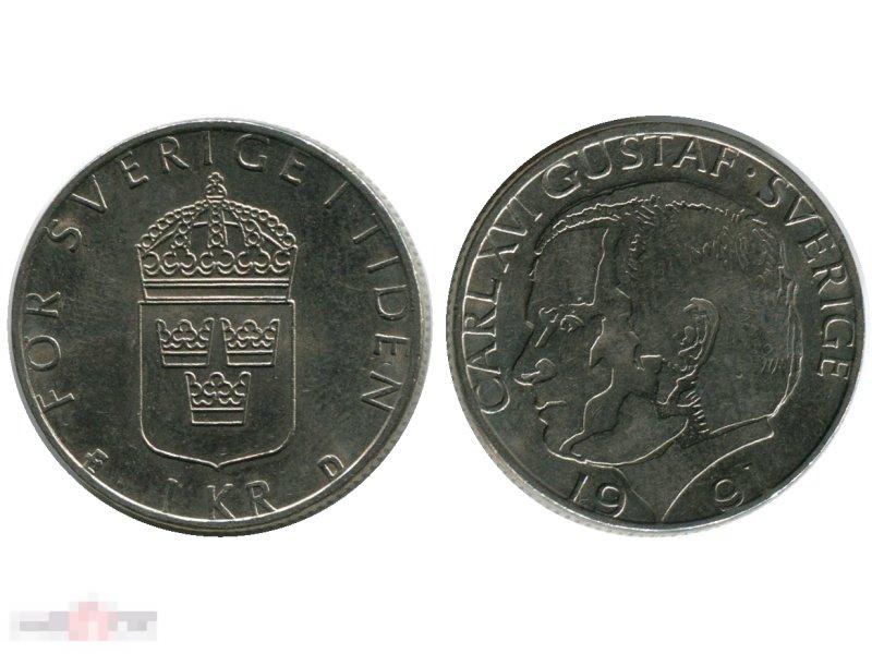 1 крона Швеции 1991 г.