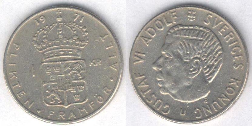 Монета Швеция 1 крона 1971 г. VF