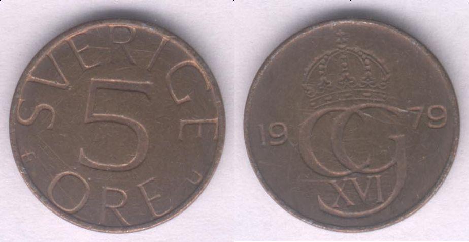 Монета Швеция 5 эре 1979 г. VF
